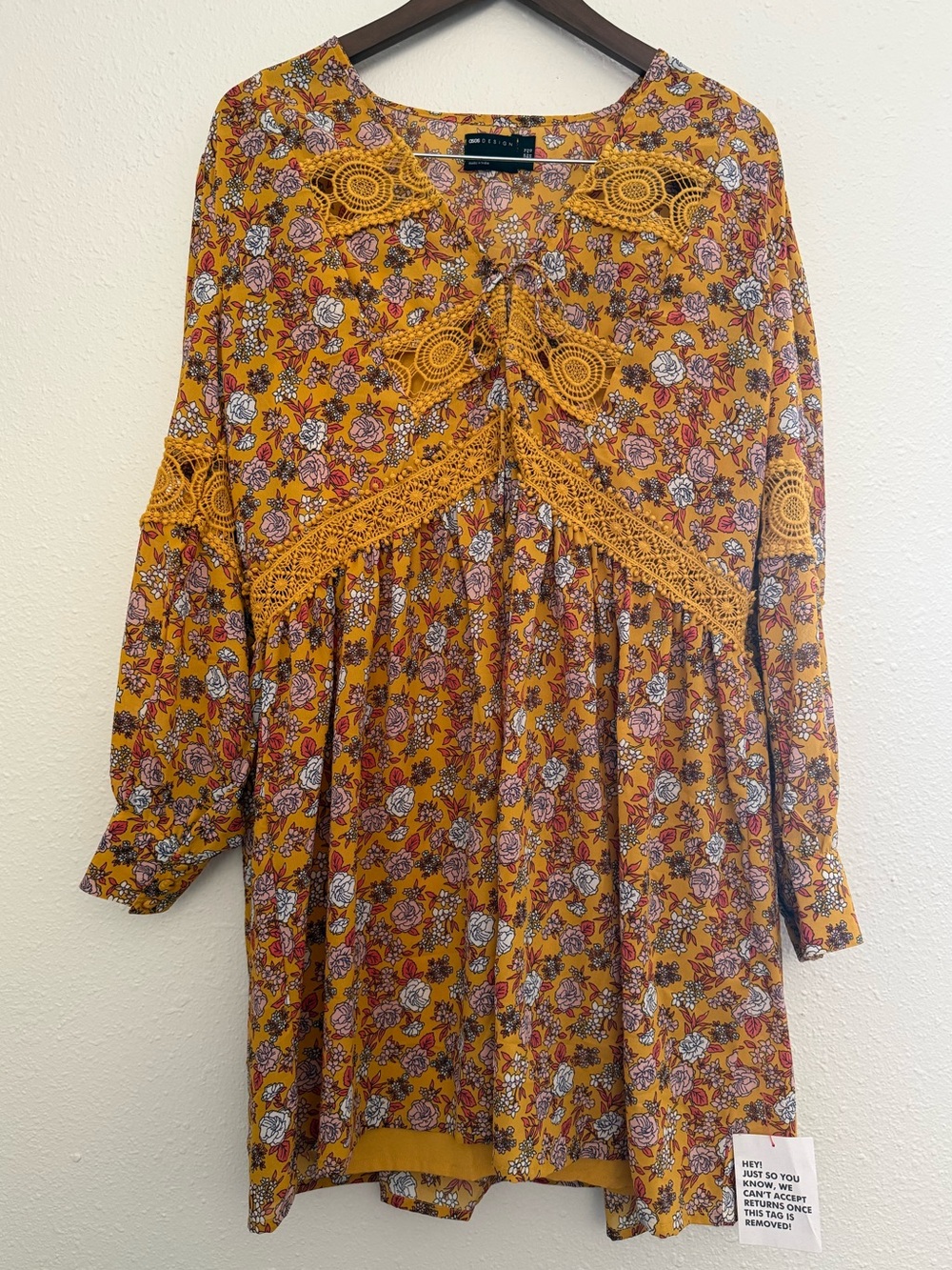 ASOS Mustard Floral Crochet Lace Boho Babydoll Dress US 10